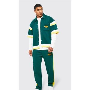 Mens Tracksuit Large Green Boxy Fit Varsity Shirt‎ Sweatshirt Pants Snap Patch